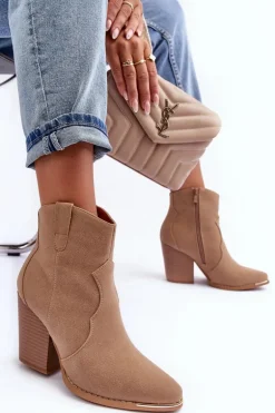 Skórzane Botki Kowbojki Na Obcasie Beżowe Lotoune