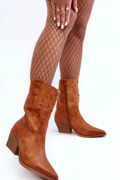 Skórzane Botki Kowbojki Na Niskim Obcasie Camel Ursuline