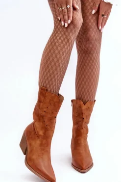 Skórzane Botki Kowbojki Na Niskim Obcasie Camel Ursuline