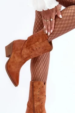 Skórzane Botki Kowbojki Na Niskim Obcasie Camel Ursuline