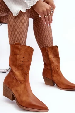 Skórzane Botki Kowbojki Na Niskim Obcasie Camel Ursuline