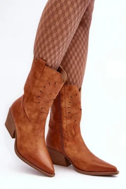 Skórzane Botki Kowbojki Na Niskim Obcasie Camel Ursuline