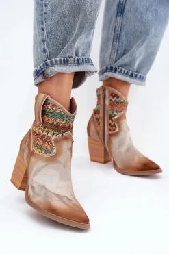 Skórzane Botki Kowbojki Na Słupku Z Ozdobną Plecionką Maciejka 06810-29 Multikolor
