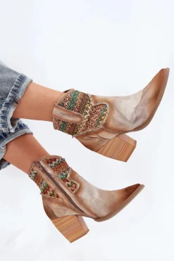 Skórzane Botki Kowbojki Na Słupku Z Ozdobną Plecionką Maciejka 06810-29 Multikolor