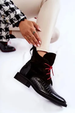 Skórzane Botki Krokodyli Wzór Czarno-Czerwone Cheyenne