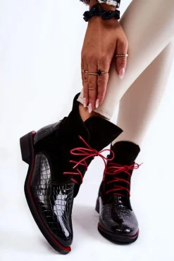 Skórzane Botki Krokodyli Wzór Czarno-Czerwone Cheyenne