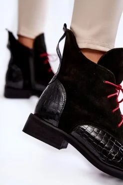 Skórzane Botki Krokodyli Wzór Czarno-Czerwone Cheyenne