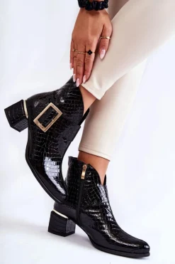 Skórzane Botki Krokodyli Wzór Na Suwak Czarne Briana