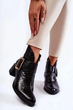 Skórzane Botki Krokodyli Wzór Na Suwak Czarne Briana