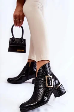 Skórzane Botki Krokodyli Wzór Na Suwak Czarne Briana