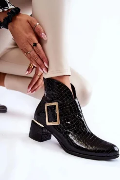 Skórzane Botki Krokodyli Wzór Na Suwak Czarne Briana