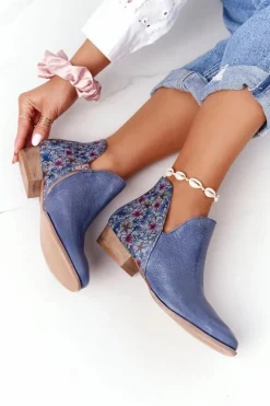 Skórzane Botki Maciejka Granatowe Z Kwiatami 04091-64