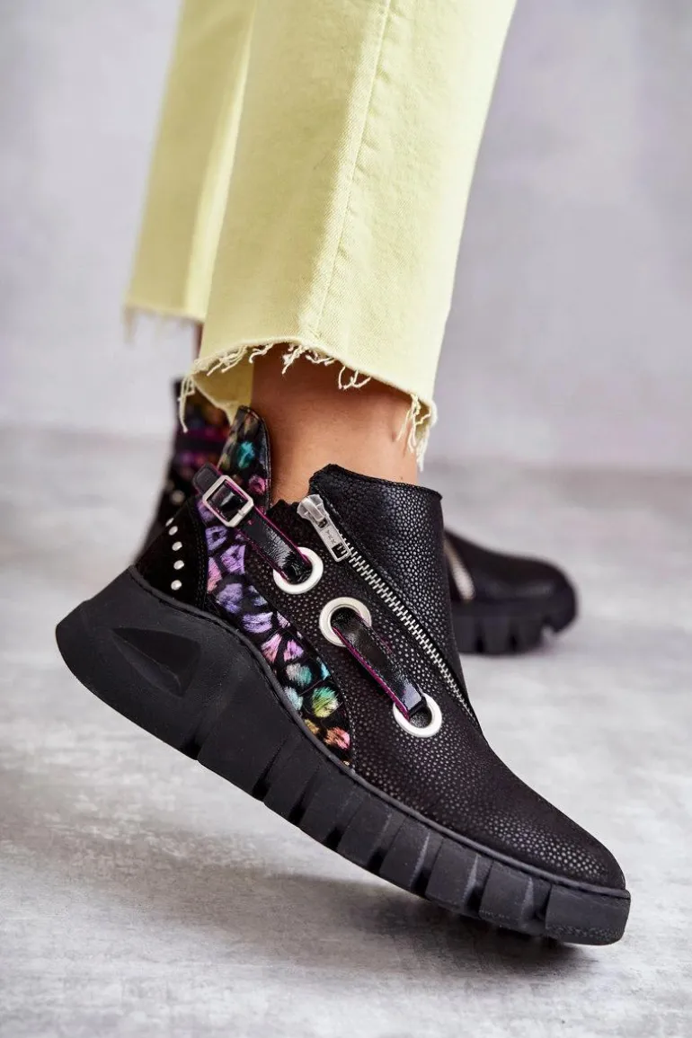 Skórzane Botki Maciejka Z Cętkami 05660-20 Czarne