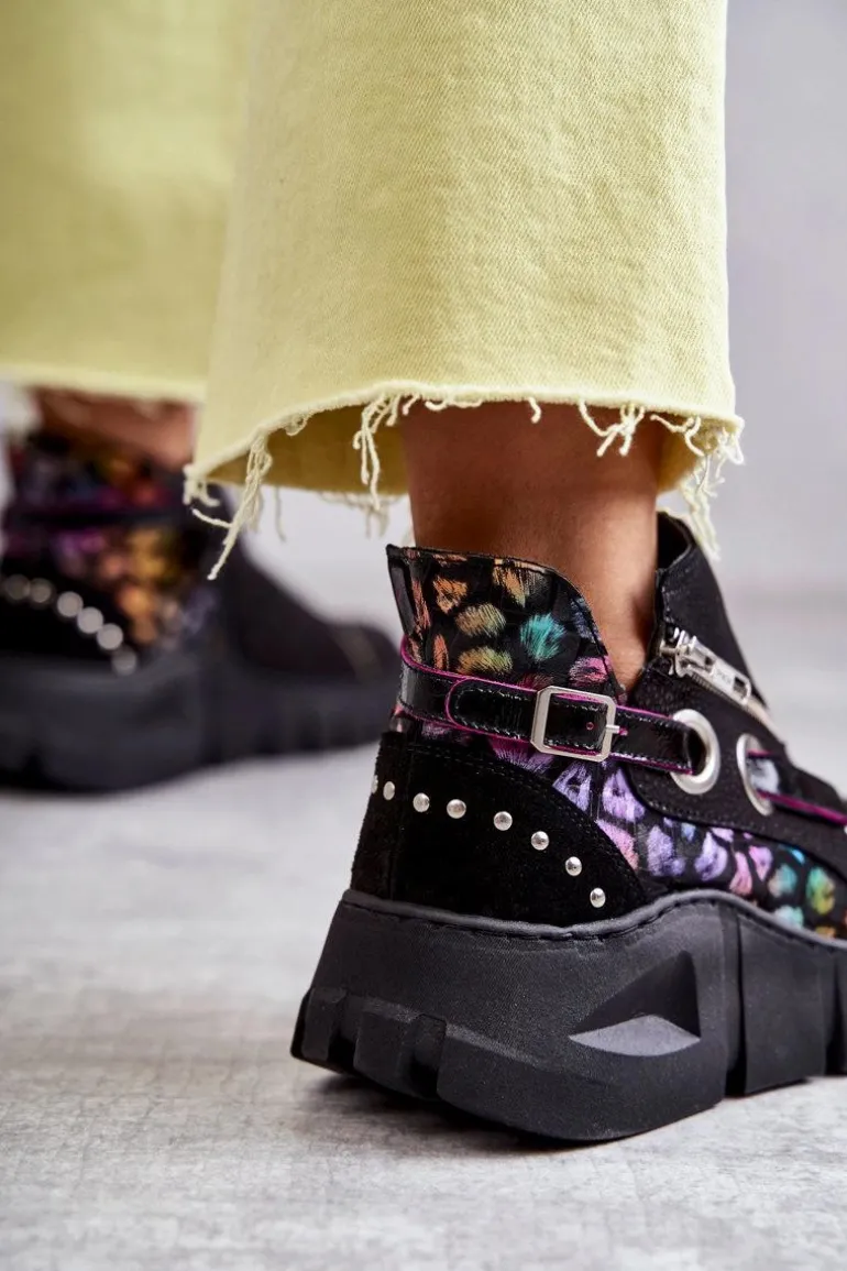 Skórzane Botki Maciejka Z Cętkami 05660-20 Czarne