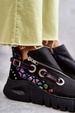 Skórzane Botki Maciejka Z Cętkami 05660-20 Czarne