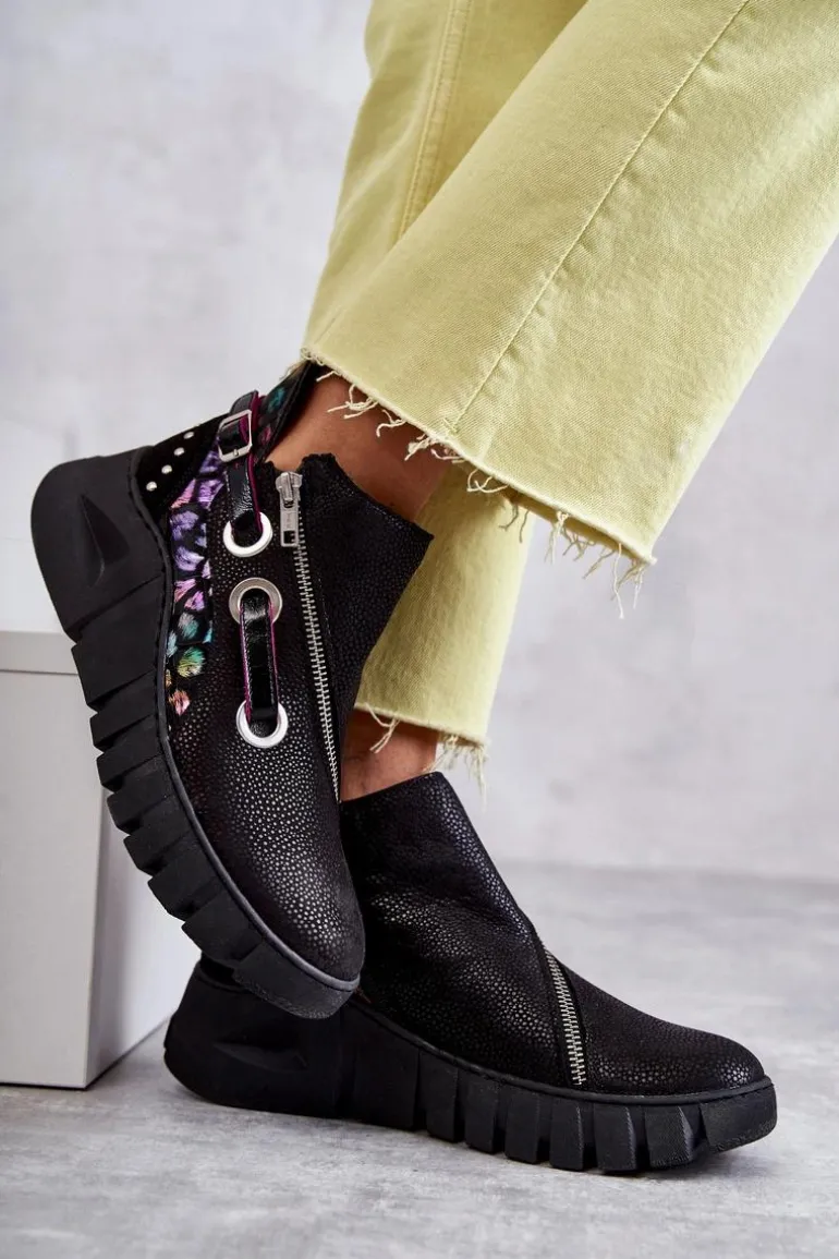 Skórzane Botki Maciejka Z Cętkami 05660-20 Czarne