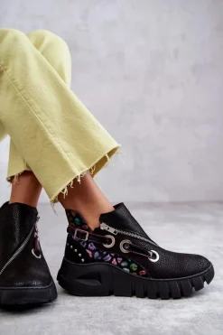 Skórzane Botki Maciejka Z Cętkami 05660-20 Czarne