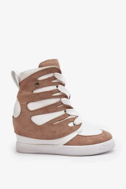 Skórzane Botki Na Koturnie Sznurowane Beżowe Amria