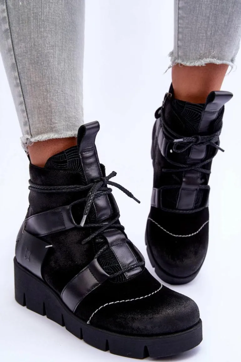 Skórzane Botki Na Koturnie Maciejka 06185-01 Czarne