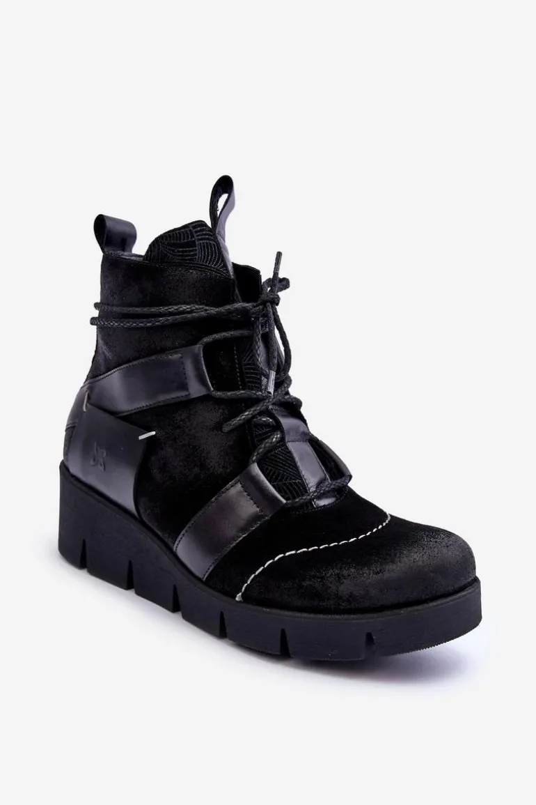 Skórzane Botki Na Koturnie Maciejka 06185-01 Czarne