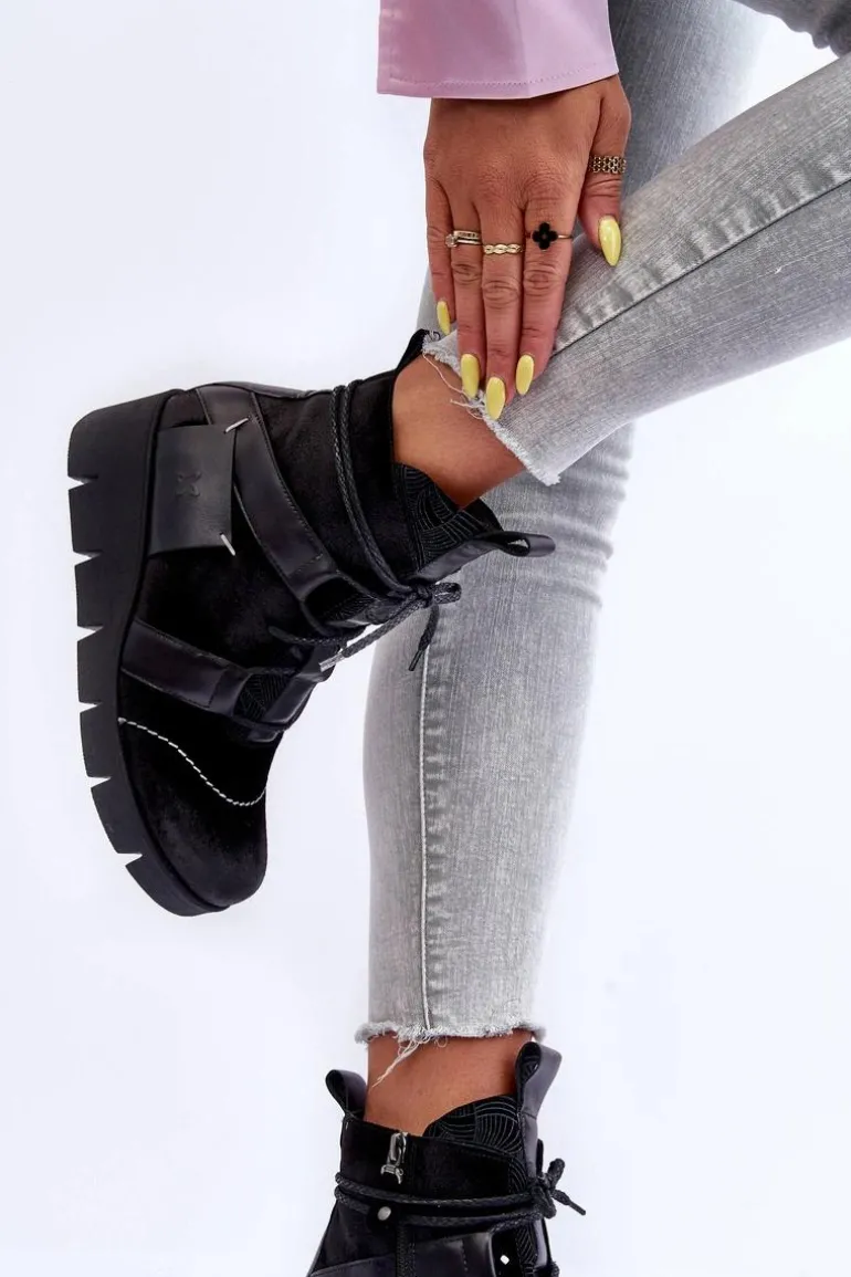 Skórzane Botki Na Koturnie Maciejka 06185-01 Czarne