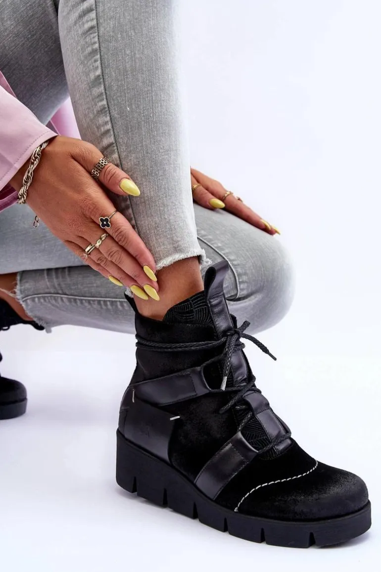 Skórzane Botki Na Koturnie Maciejka 06185-01 Czarne