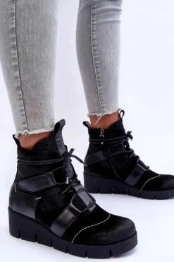 Skórzane Botki Na Koturnie Maciejka 06185-01 Czarne