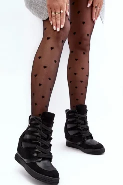 Skórzane Botki Na Koturnie Sznurowane Czarne Amria