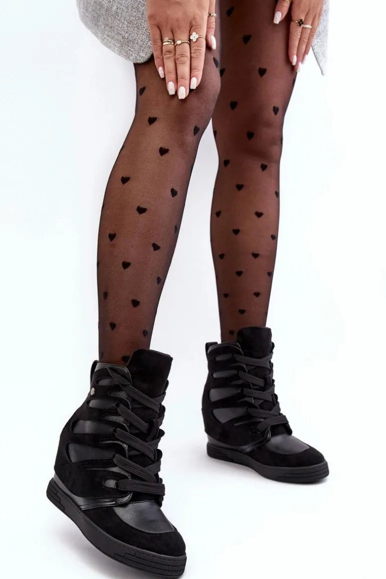 Skórzane Botki Na Koturnie Sznurowane Czarne Amria