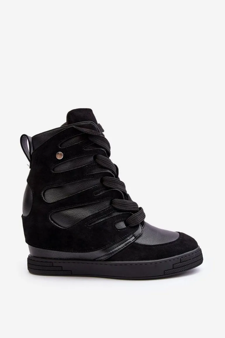 Skórzane Botki Na Koturnie Sznurowane Czarne Amria