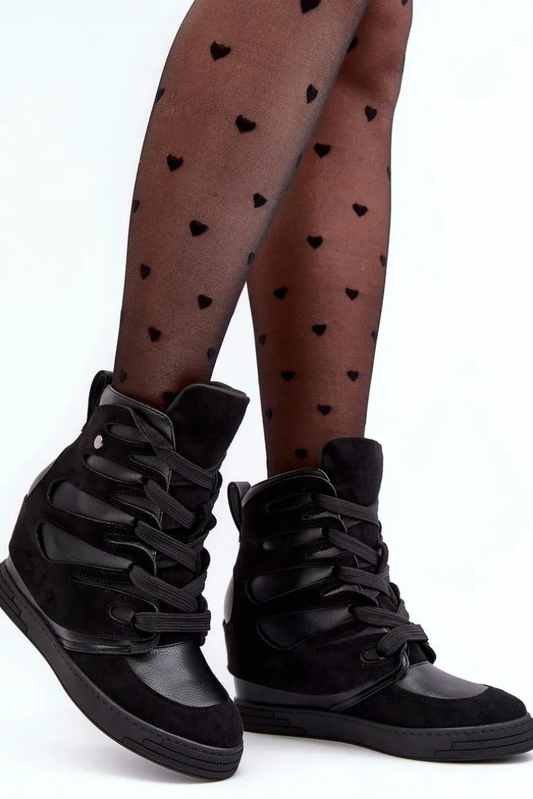 Skórzane Botki Na Koturnie Sznurowane Czarne Amria