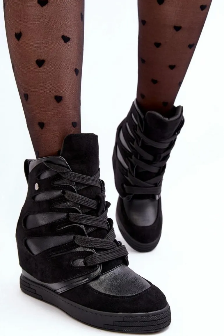 Skórzane Botki Na Koturnie Sznurowane Czarne Amria