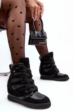 Skórzane Botki Na Koturnie Sznurowane Czarne Amria