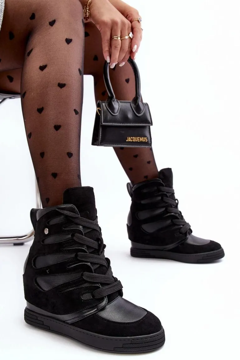 Skórzane Botki Na Koturnie Sznurowane Czarne Amria