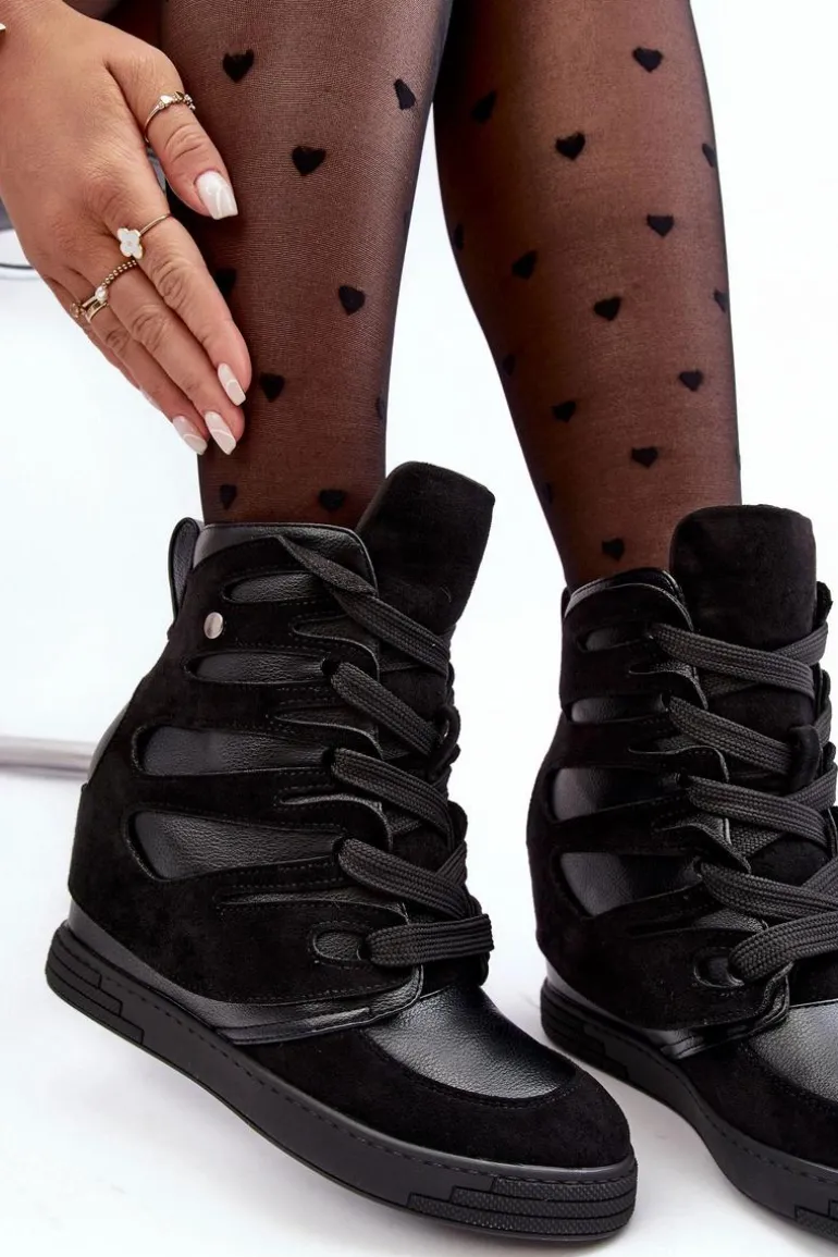 Skórzane Botki Na Koturnie Sznurowane Czarne Amria