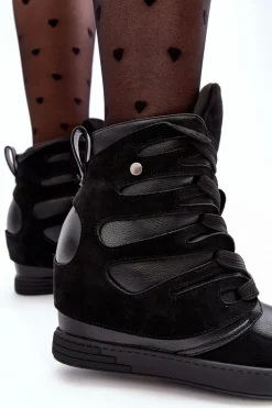 Skórzane Botki Na Koturnie Sznurowane Czarne Amria