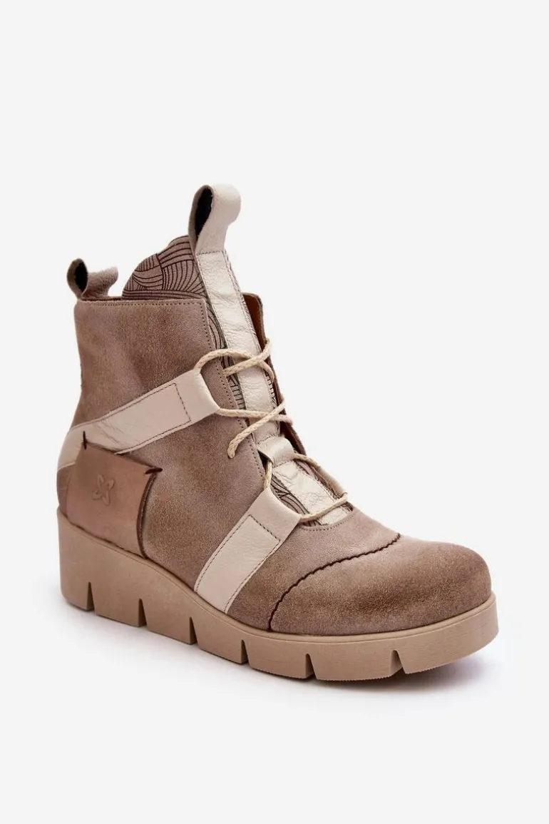 Skórzane Botki Na Koturnie Maciejka 06185-22 Jasnobeżowe