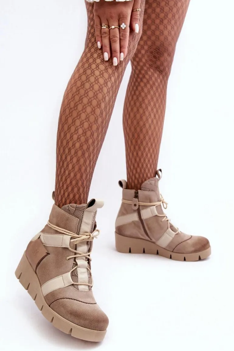 Skórzane Botki Na Koturnie Maciejka 06185-22 Jasnobeżowe