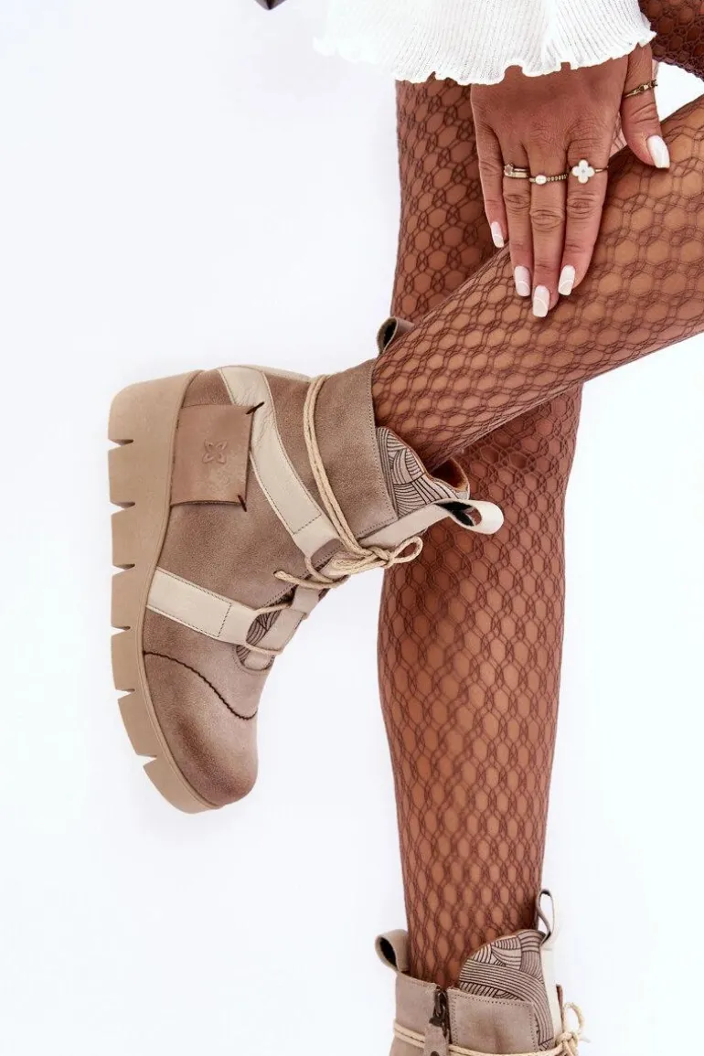 Skórzane Botki Na Koturnie Maciejka 06185-22 Jasnobeżowe