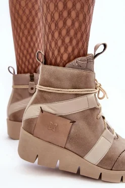 Skórzane Botki Na Koturnie Maciejka 06185-22 Jasnobeżowe