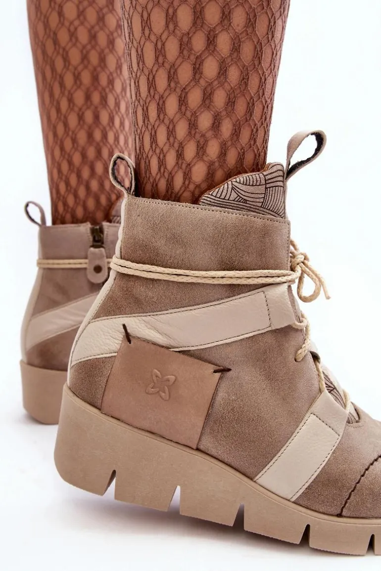 Skórzane Botki Na Koturnie Maciejka 06185-22 Jasnobeżowe