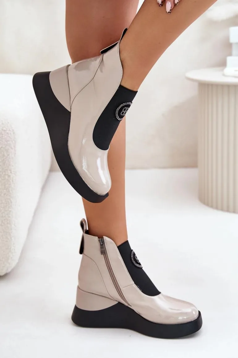 Skórzane Botki Na Koturnie D&A MR880-137 Beżowe