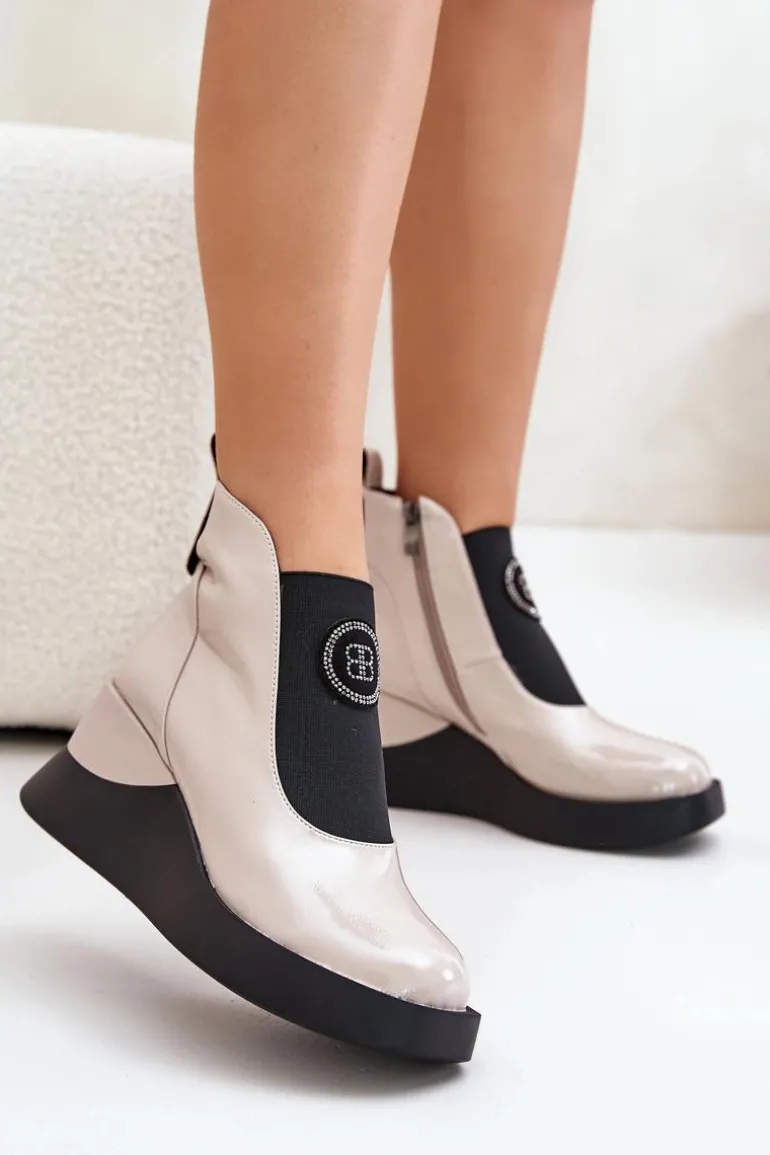 Skórzane Botki Na Koturnie D&A MR880-137 Beżowe