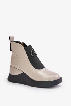 Skórzane Botki Na Koturnie D&A MR880-137 Beżowe