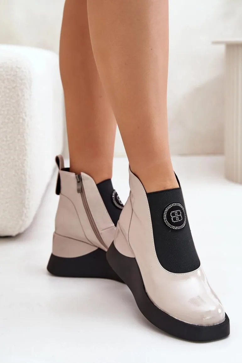 Skórzane Botki Na Koturnie D&A MR880-137 Beżowe