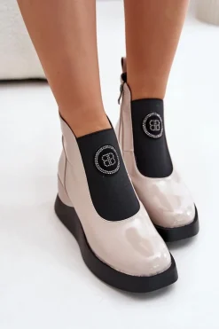 Skórzane Botki Na Koturnie D&A MR880-137 Beżowe