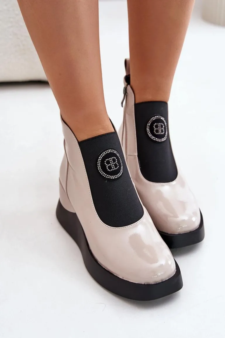 Skórzane Botki Na Koturnie D&A MR880-137 Beżowe