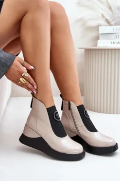 Skórzane Botki Na Koturnie D&A MR880-137 Beżowe