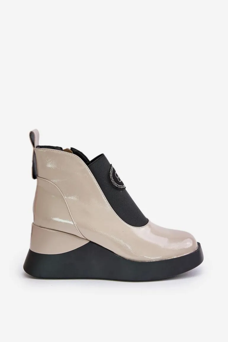 Skórzane Botki Na Koturnie D&A MR880-137 Beżowe