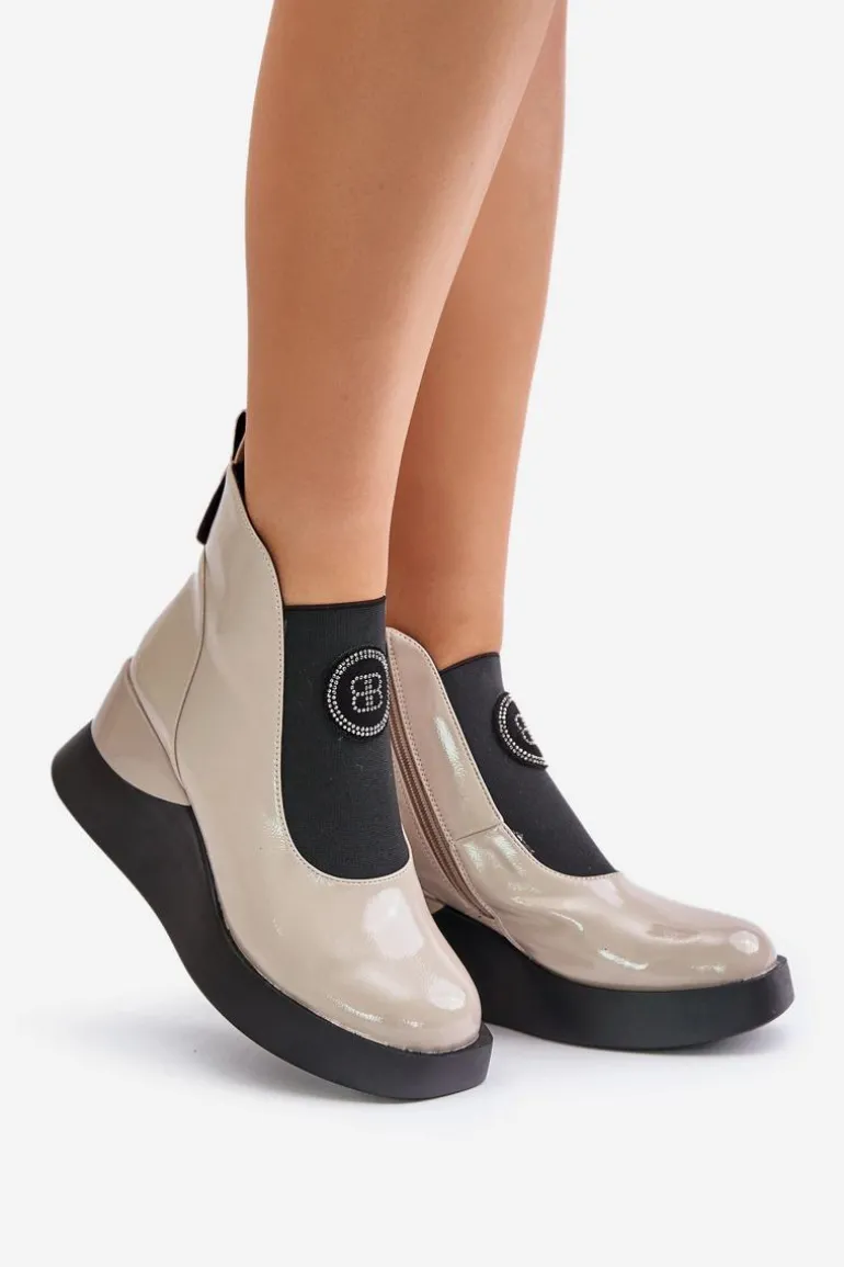 Skórzane Botki Na Koturnie D&A MR880-137 Beżowe